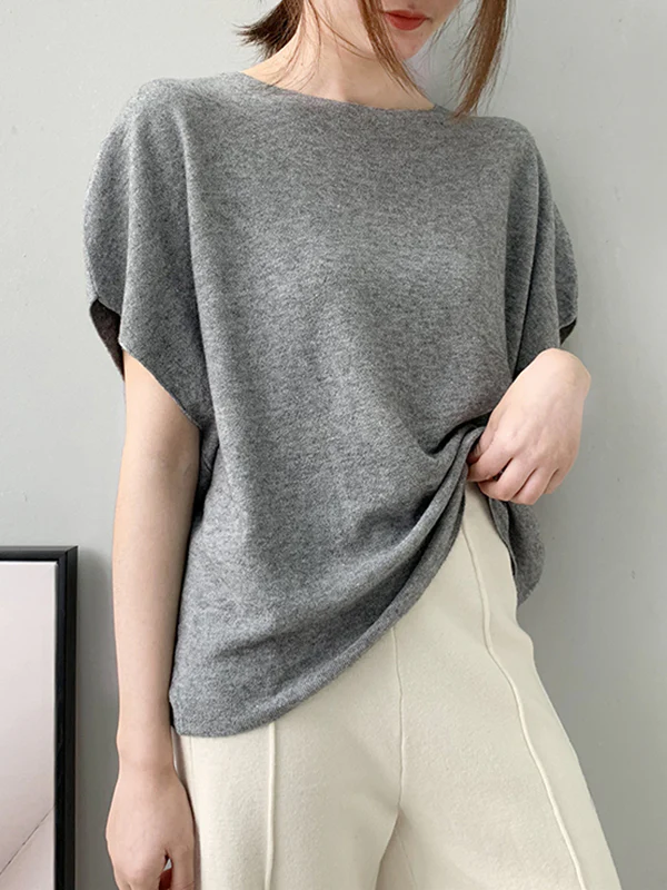 Half Sleeves Loose Solid Color Off-The-Shoulder Knitwear Pullovers Sweater Tops - Image 4