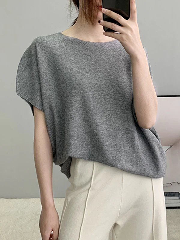 Half Sleeves Loose Solid Color Off-The-Shoulder Knitwear Pullovers Sweater Tops - Image 5