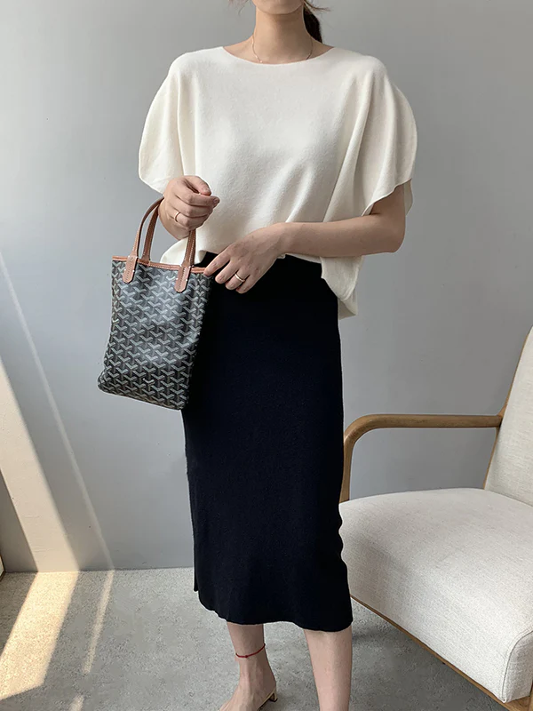 Half Sleeves Loose Solid Color Off-The-Shoulder Knitwear Pullovers Sweater Tops - Image 6