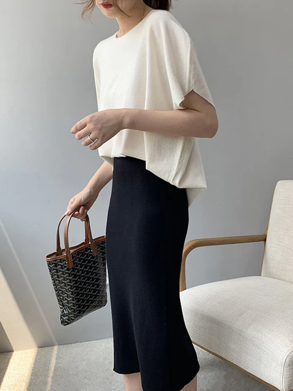 Half Sleeves Loose Solid Color Off-The-Shoulder Knitwear Pullovers Sweater Tops - Image 8