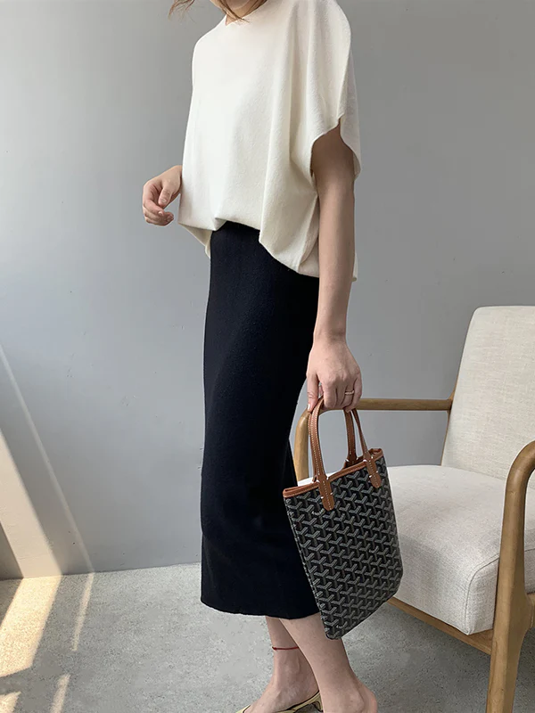 Half Sleeves Loose Solid Color Off-The-Shoulder Knitwear Pullovers Sweater Tops - Image 9