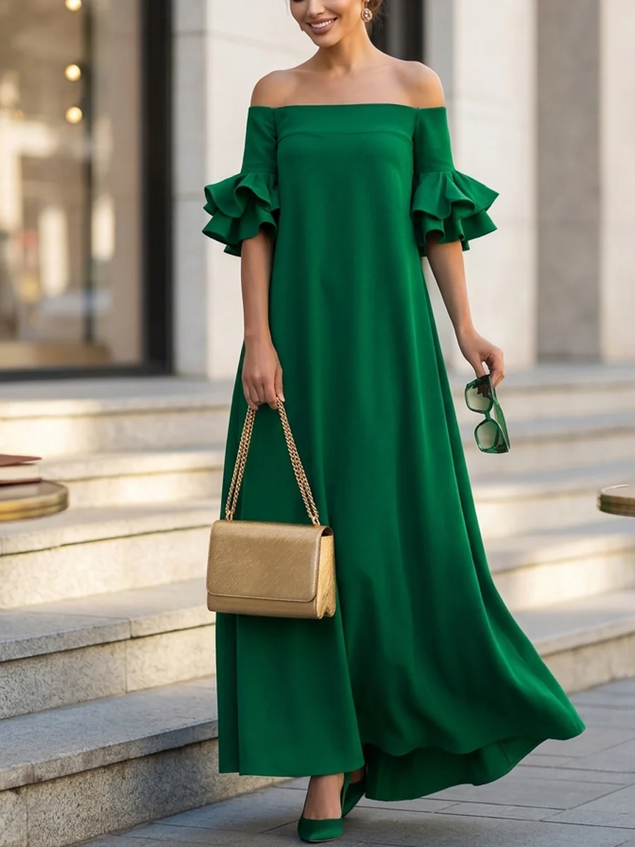 Half Sleeves Loose Solid Color Off-The-Shoulder Maxi Dresses - Image 2