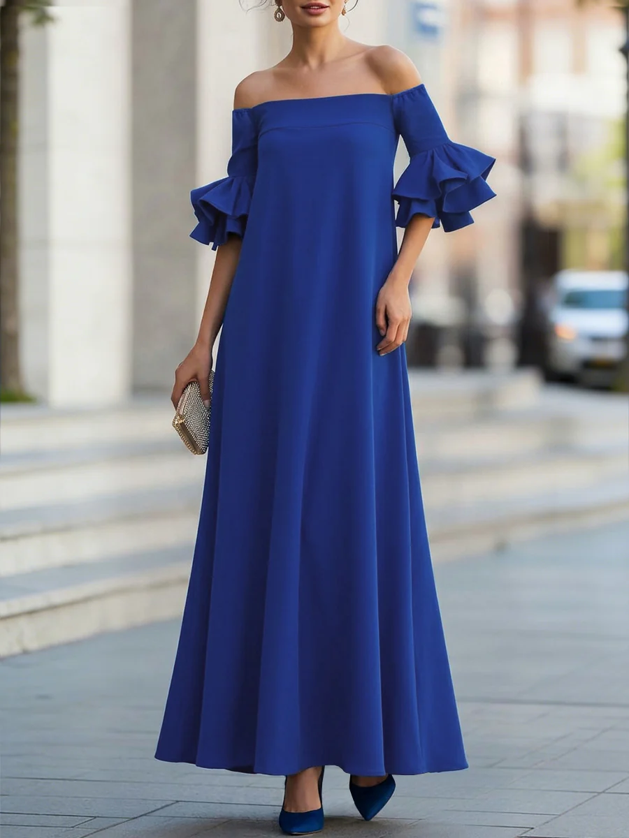 Half Sleeves Loose Solid Color Off-The-Shoulder Maxi Dresses - Image 4