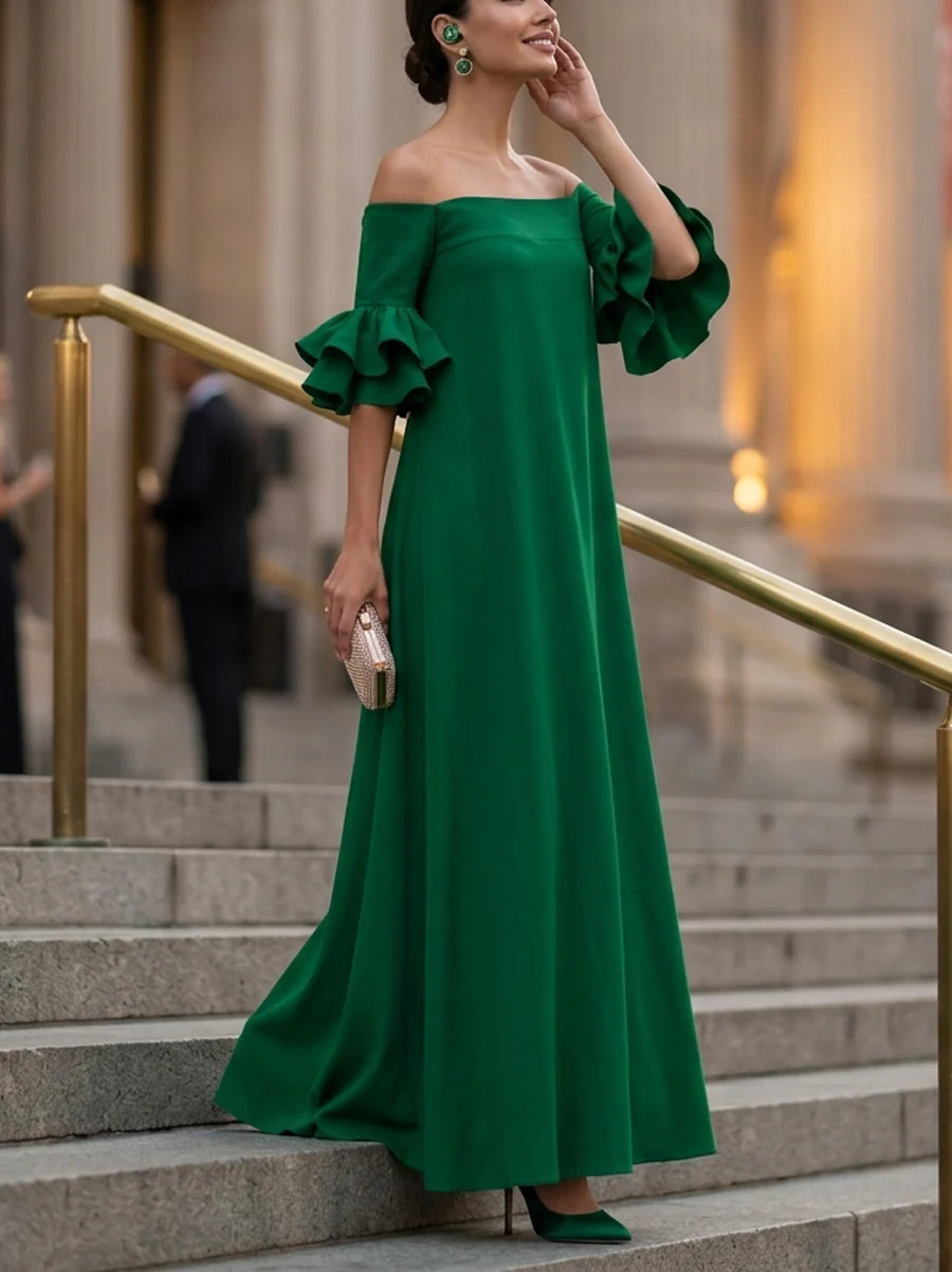 Half Sleeves Loose Solid Color Off-The-Shoulder Maxi Dresses - Image 6