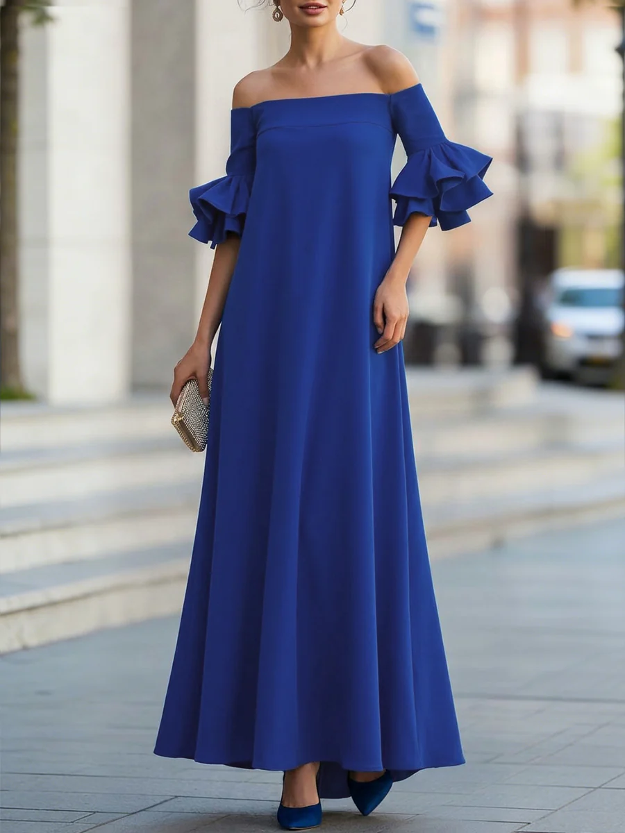 Half Sleeves Loose Solid Color Off-The-Shoulder Maxi Dresses - Image 7