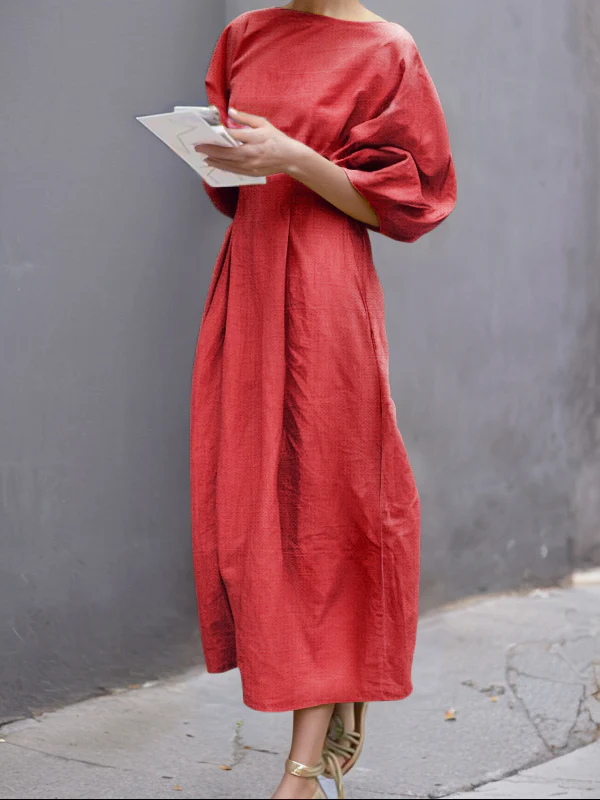 Half Sleeves Loose Solid Color Round-neck Maxi Dresses - Image 2