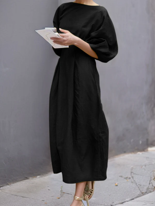 Half Sleeves Loose Solid Color Round-neck Maxi Dresses - Image 3