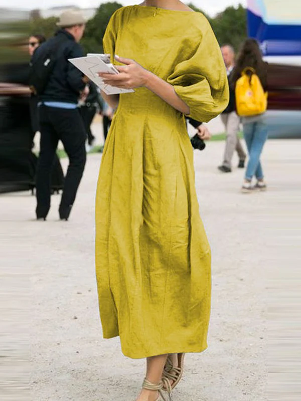 Half Sleeves Loose Solid Color Round-neck Maxi Dresses - Image 4