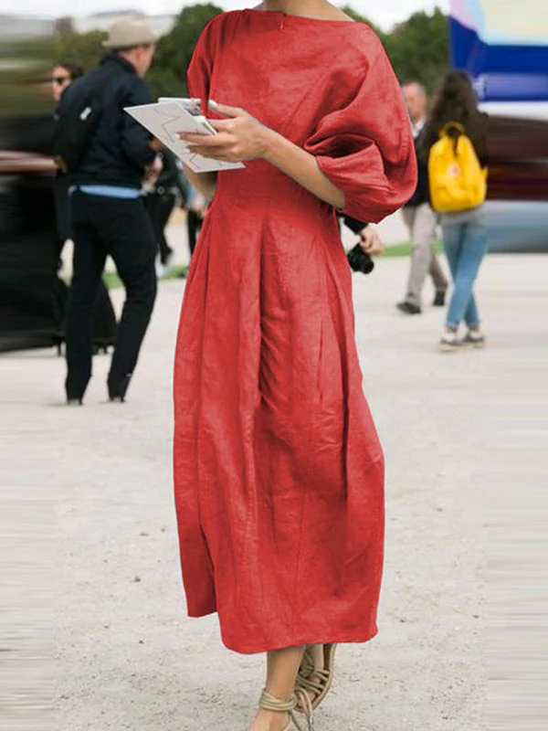 Half Sleeves Loose Solid Color Round-neck Maxi Dresses - Image 5