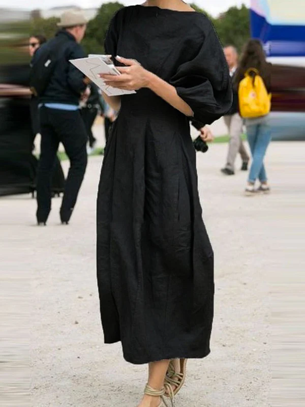 Half Sleeves Loose Solid Color Round-neck Maxi Dresses - Image 6