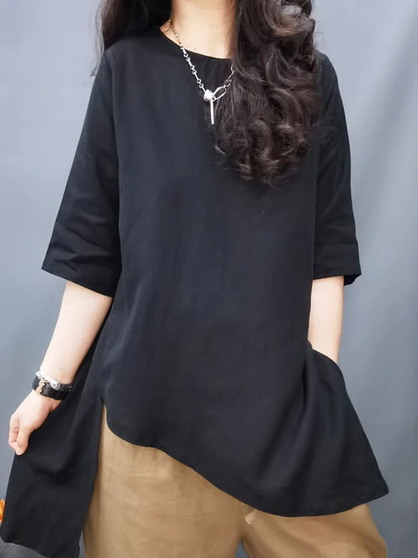 Half Sleeves Loose Solid Color Round-Neck T-Shirts Tops - Image 2
