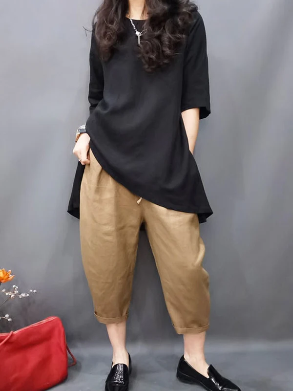 Half Sleeves Loose Solid Color Round-Neck T-Shirts Tops - Image 4