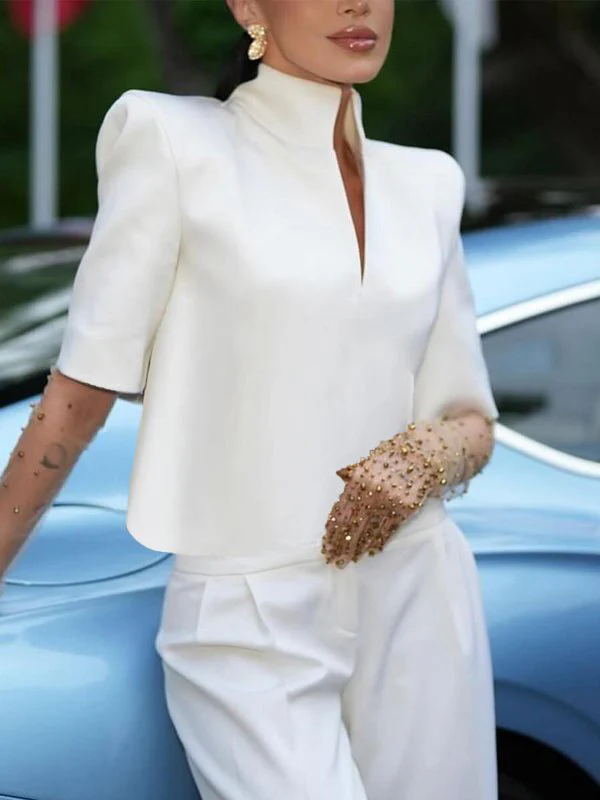 Half Sleeves Loose Solid Color Split-Joint Stand Collar Blouses&Shirts Tops - Image 2
