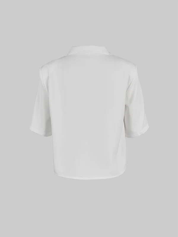 Half Sleeves Loose Solid Color Split-Joint Stand Collar Blouses&Shirts Tops - Image 4
