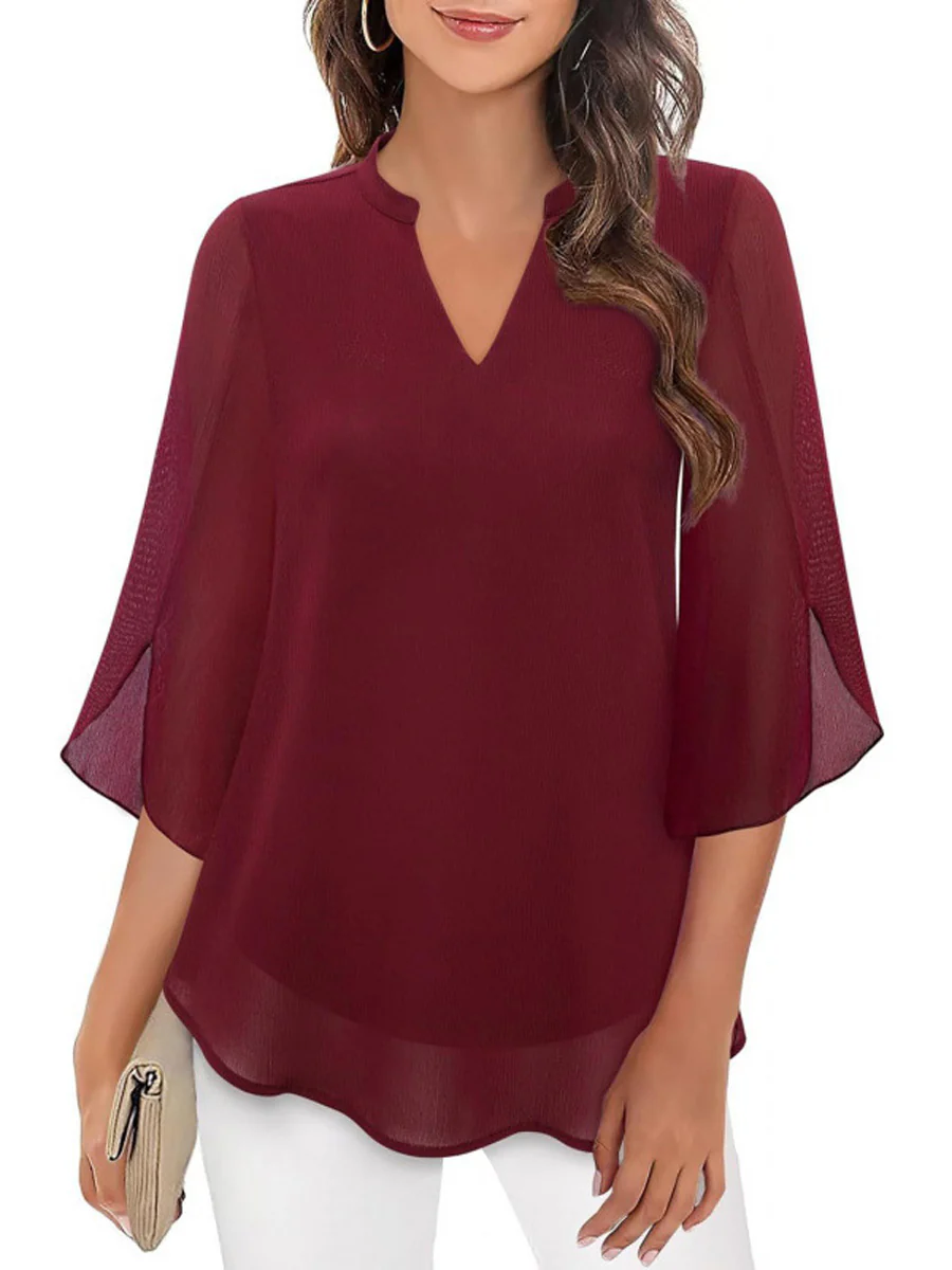 Half Sleeves Loose Solid Color V-Neck Blouses&Shirts Tops - Image 11
