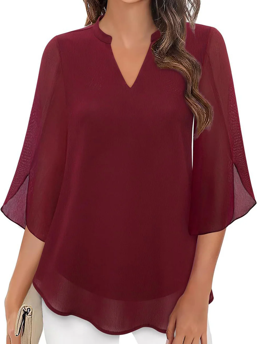 Half Sleeves Loose Solid Color V-Neck Blouses&Shirts Tops - Image 12