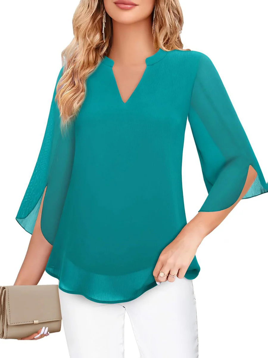 Half Sleeves Loose Solid Color V-Neck Blouses&Shirts Tops - Image 26