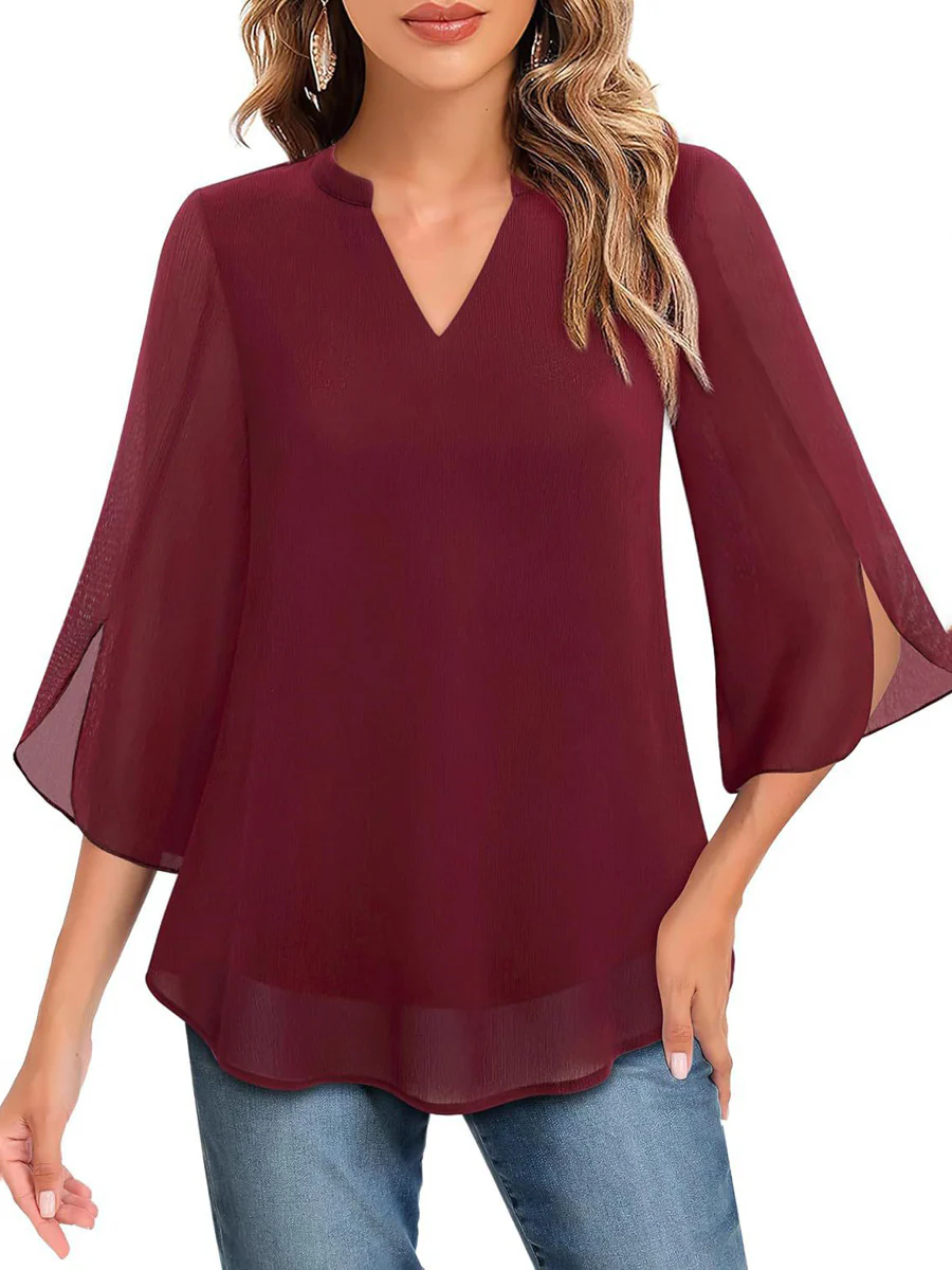Half Sleeves Loose Solid Color V-Neck Blouses&Shirts Tops - Image 27