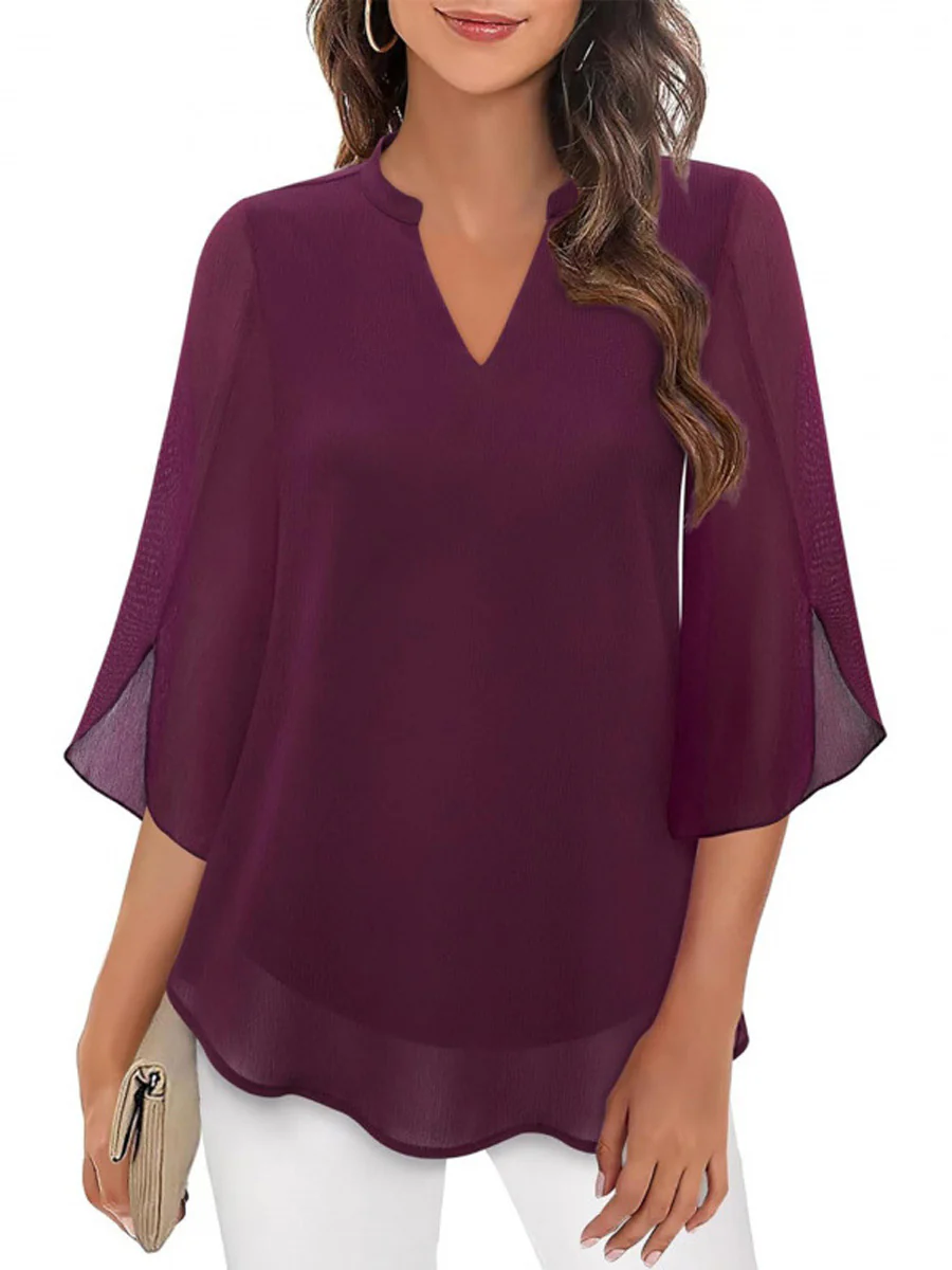 Half Sleeves Loose Solid Color V-Neck Blouses&Shirts Tops - Image 3