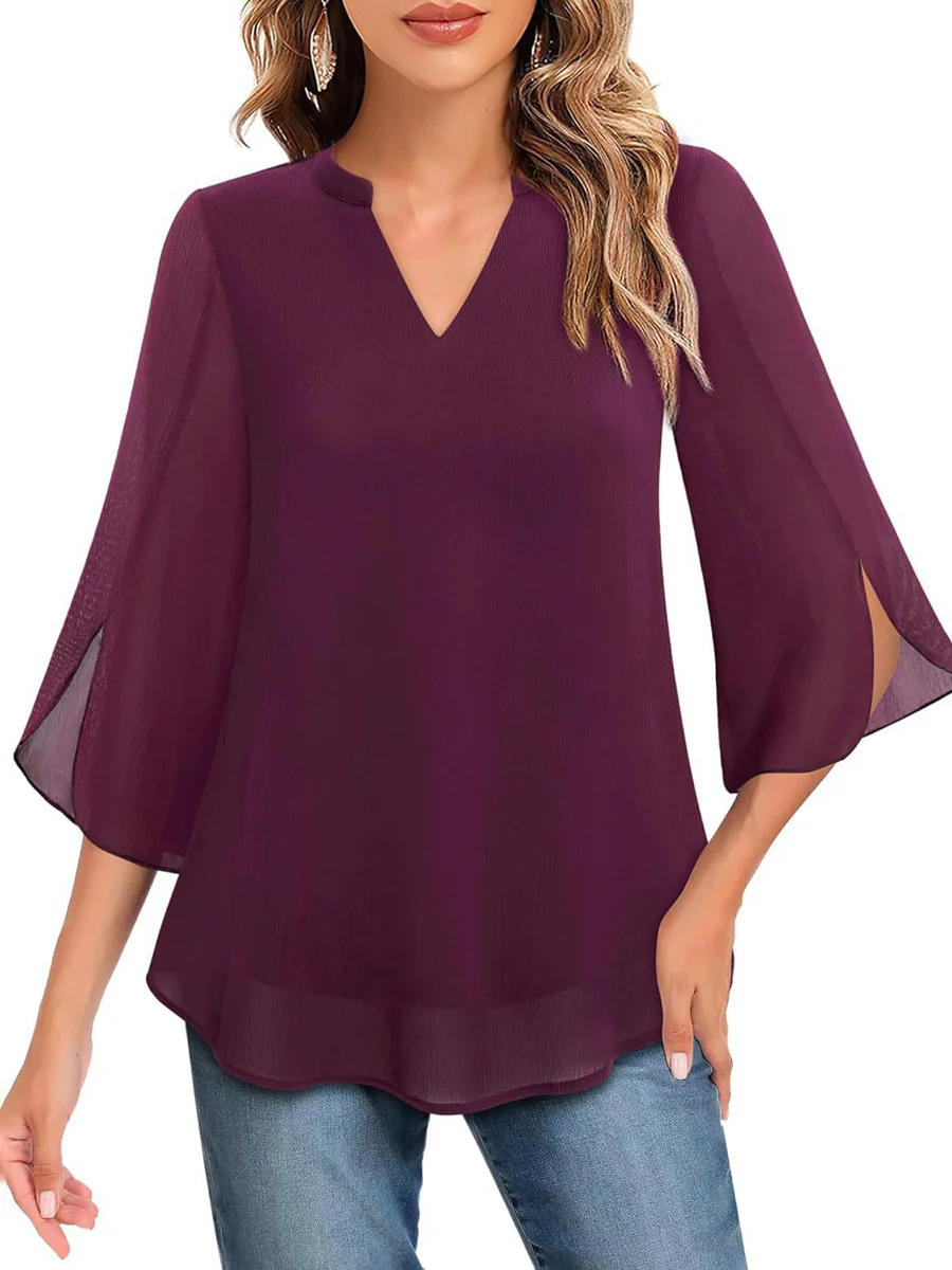 Half Sleeves Loose Solid Color V-Neck Blouses&Shirts Tops - Image 4