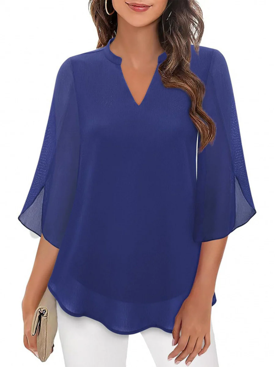 Half Sleeves Loose Solid Color V-Neck Blouses&Shirts Tops - Image 5