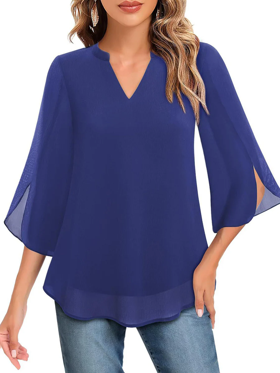 Half Sleeves Loose Solid Color V-Neck Blouses&Shirts Tops - Image 6