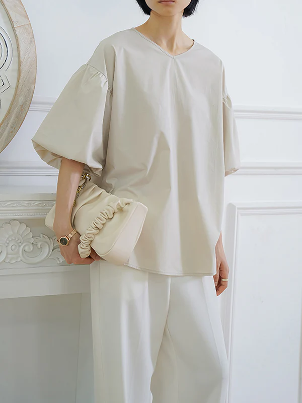 Half Sleeves Loose Solid Color V-Neck Blouses&Shirts Tops - Image 10