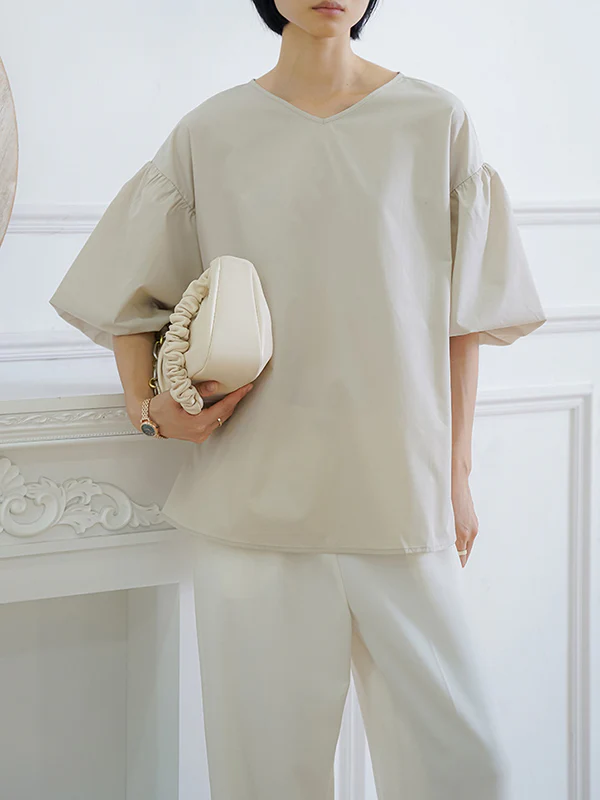 Half Sleeves Loose Solid Color V-Neck Blouses&Shirts Tops - Image 11
