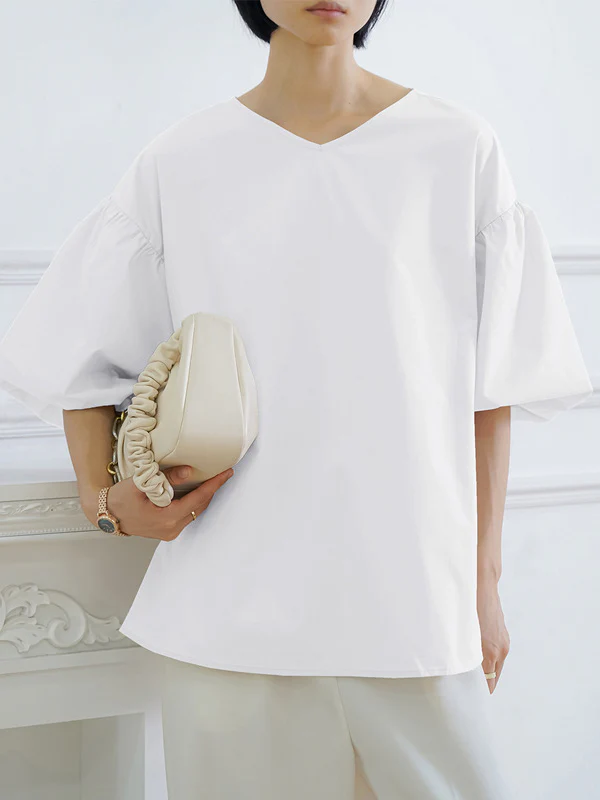 Half Sleeves Loose Solid Color V-Neck Blouses&Shirts Tops - Image 3