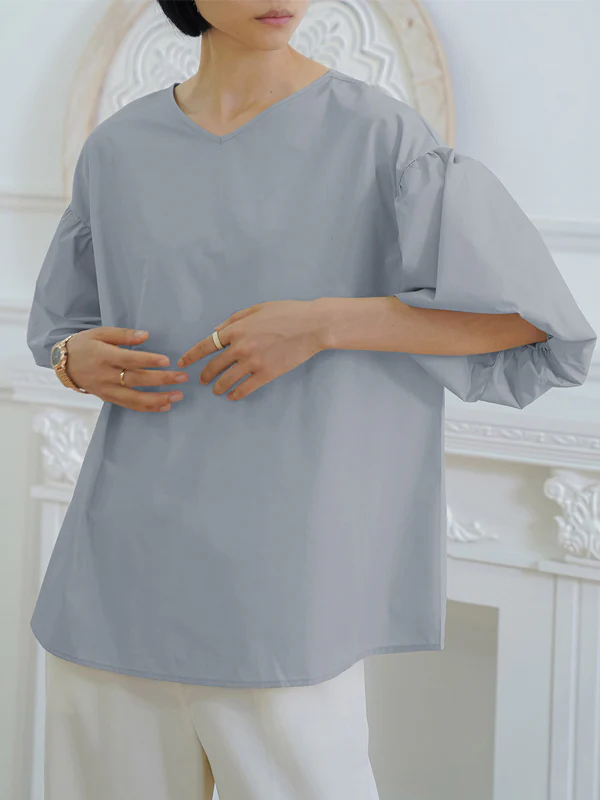 Half Sleeves Loose Solid Color V-Neck Blouses&Shirts Tops - Image 4