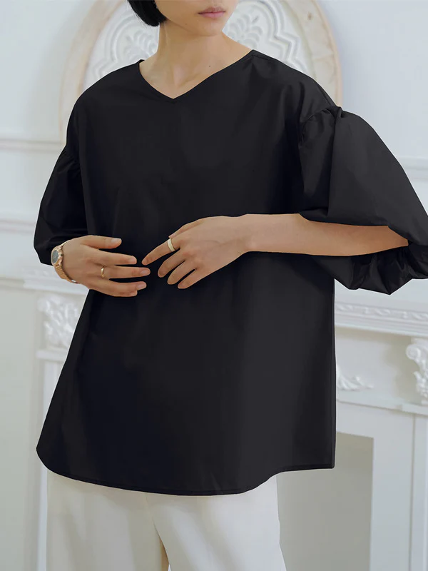 Half Sleeves Loose Solid Color V-Neck Blouses&Shirts Tops - Image 5