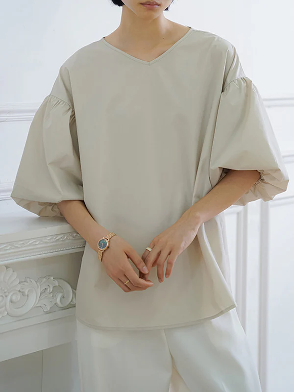 Half Sleeves Loose Solid Color V-Neck Blouses&Shirts Tops - Image 6