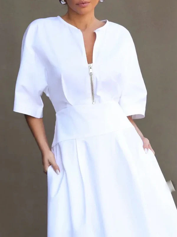 Half Sleeves Loose Solid Color Zipper Round-Neck Maxi Dresses - Image 2