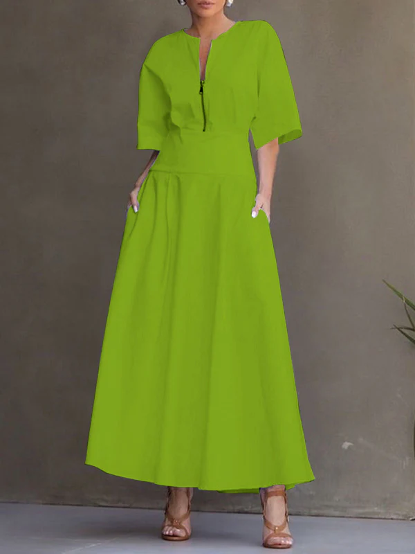 Half Sleeves Loose Solid Color Zipper Round-Neck Maxi Dresses - Image 4