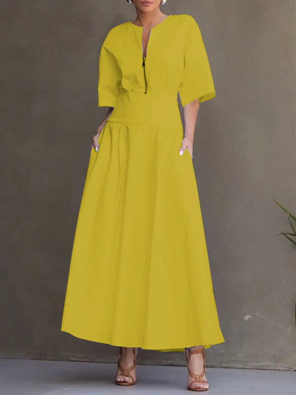 Half Sleeves Loose Solid Color Zipper Round-Neck Maxi Dresses - Image 5