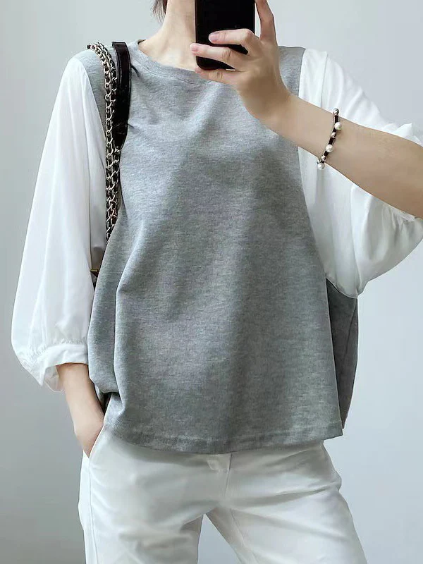 Half Sleeves Loose Split-Joint Round-Neck T-Shirts - Image 3