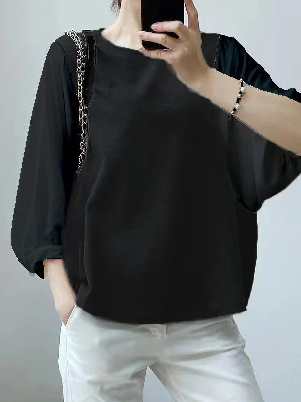 Half Sleeves Loose Split-Joint Round-Neck T-Shirts - Image 9