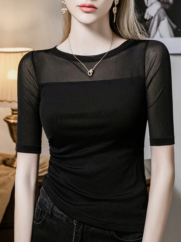 Half Sleeves Plus Size Asymmetric Pleated Solid Color Split-Joint Round-Neck T-Shirts Tops - Image 2