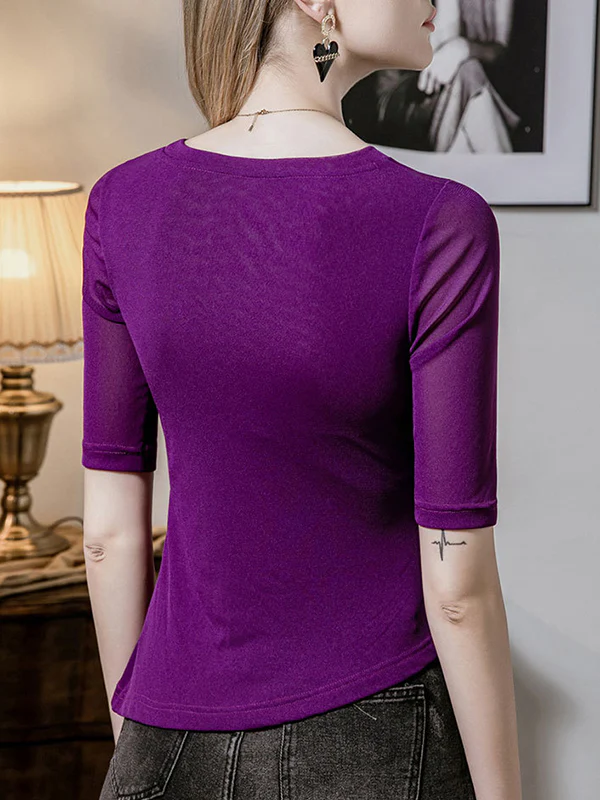 Half Sleeves Plus Size Asymmetric Pleated Solid Color Split-Joint Round-Neck T-Shirts Tops - Image 6