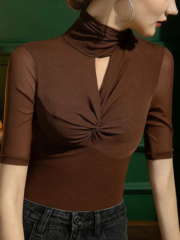 Half Sleeves Plus Size Gauze Hollow Pleated See-Through Split-Joint High Neck T-Shirts - Image 6