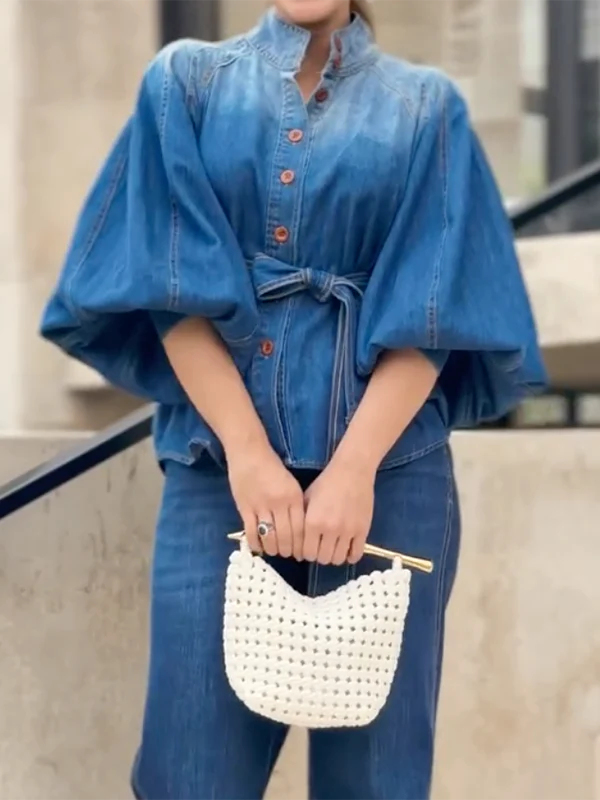 Half Sleeves Puff Sleeves Buttoned Gradient Tied Waist Stand Collar Blouses&Shirts Tops - Image 2