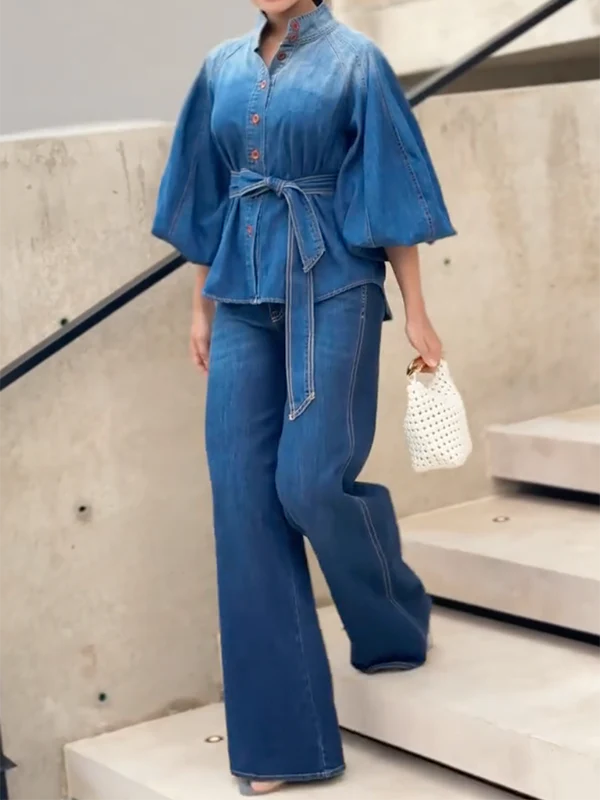 Half Sleeves Puff Sleeves Buttoned Gradient Tied Waist Stand Collar Blouses&Shirts Tops - Image 3