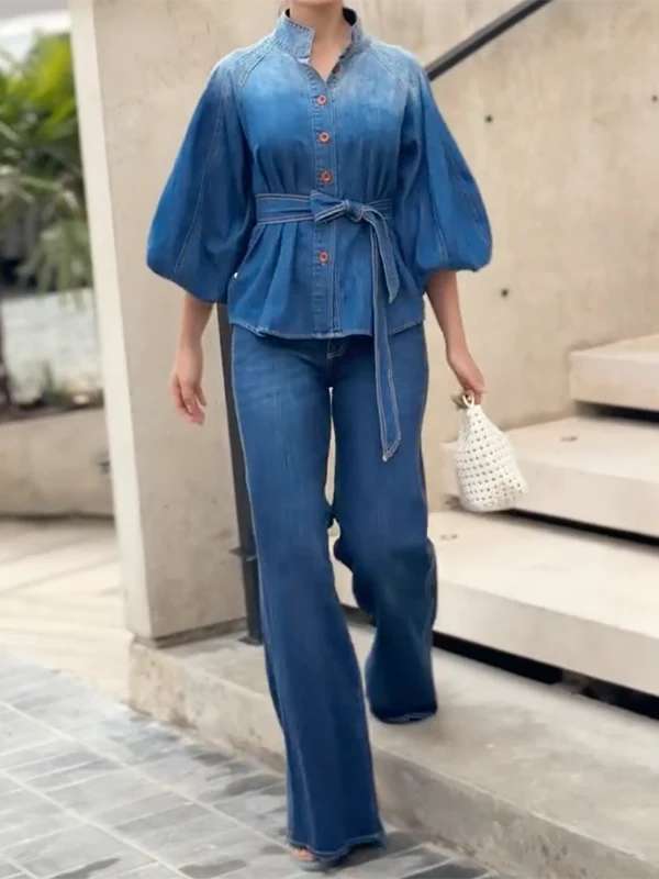 Half Sleeves Puff Sleeves Buttoned Gradient Tied Waist Stand Collar Blouses&Shirts Tops - Image 4