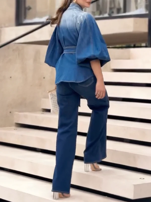 Half Sleeves Puff Sleeves Buttoned Gradient Tied Waist Stand Collar Blouses&Shirts Tops - Image 5