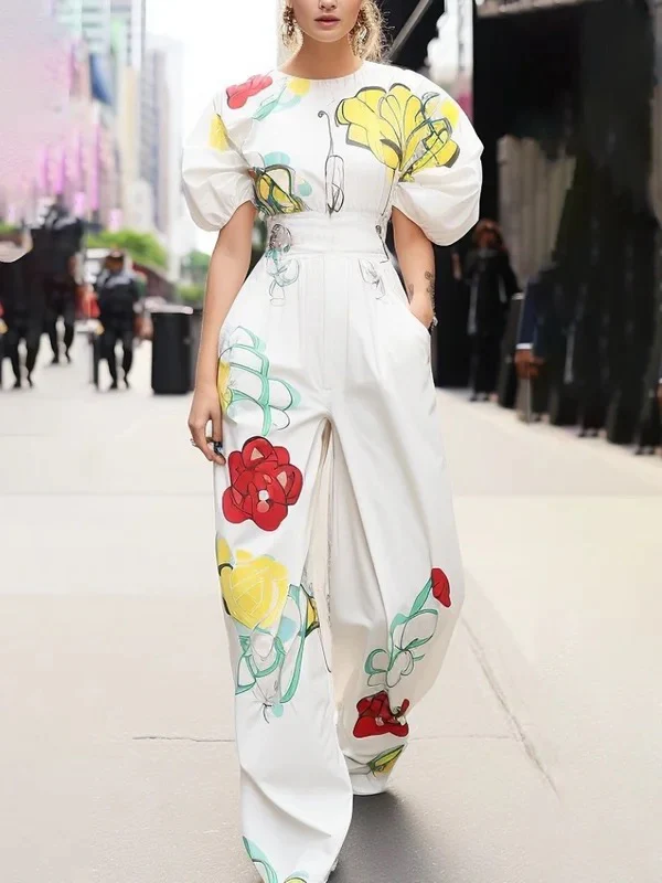 Half Sleeves Puff Sleeves Elasticity Flower Print Pleated Round-neck Blouses&shirts Tops - Image 2