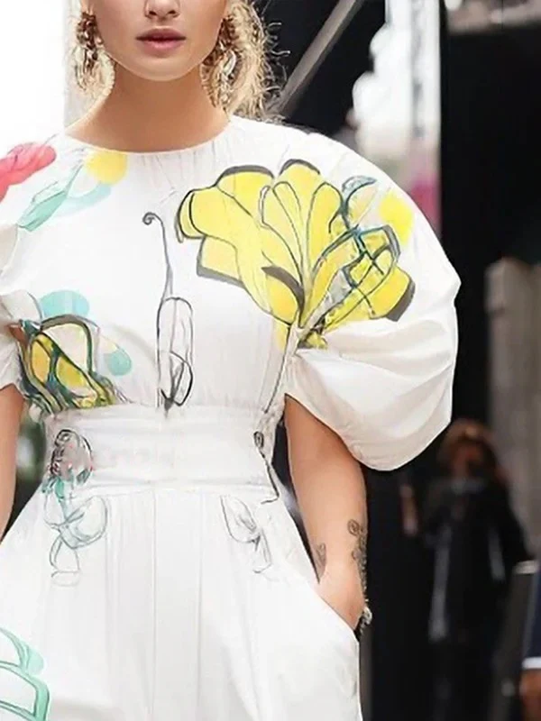 Half Sleeves Puff Sleeves Elasticity Flower Print Pleated Round-neck Blouses&shirts Tops - Image 3