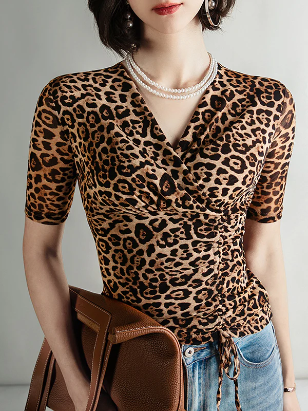 Half Sleeves Skinny Leopard Pleated V-Neck T-Shirts Tops - Image 2