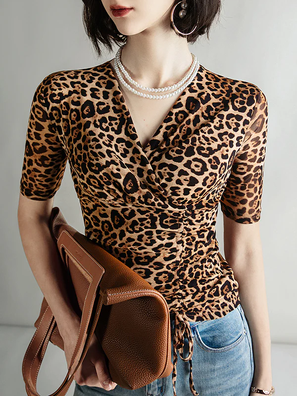 Half Sleeves Skinny Leopard Pleated V-Neck T-Shirts Tops - Image 3