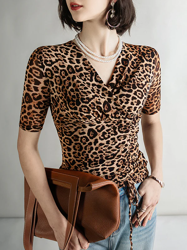 Half Sleeves Skinny Leopard Pleated V-Neck T-Shirts Tops - Image 5