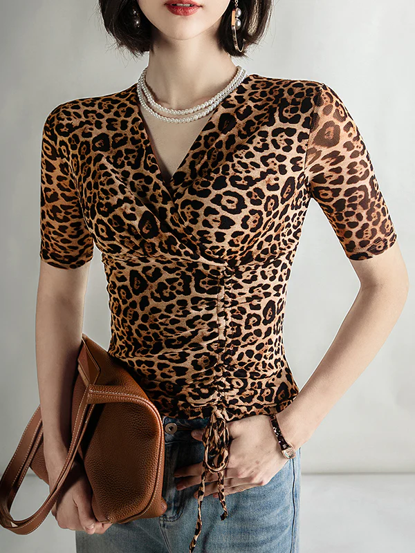 Half Sleeves Skinny Leopard Pleated V-Neck T-Shirts Tops - Image 6